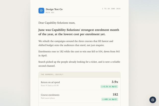 The Memo report style, an example Clientdeck client report