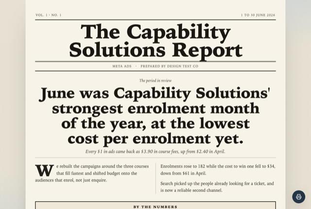 Newspaper report style, an example Clientdeck client report